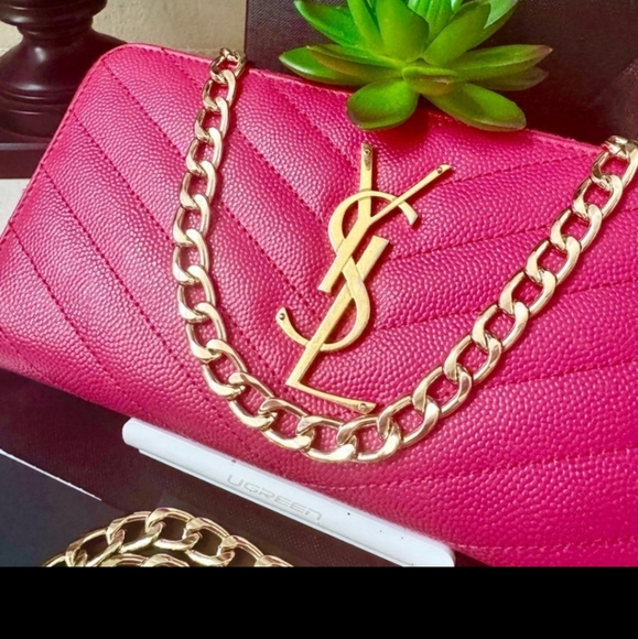 Saint Laurent YSL Monogram Zip Around Wallet with Chain Bubblegum - Picture 1 of 14